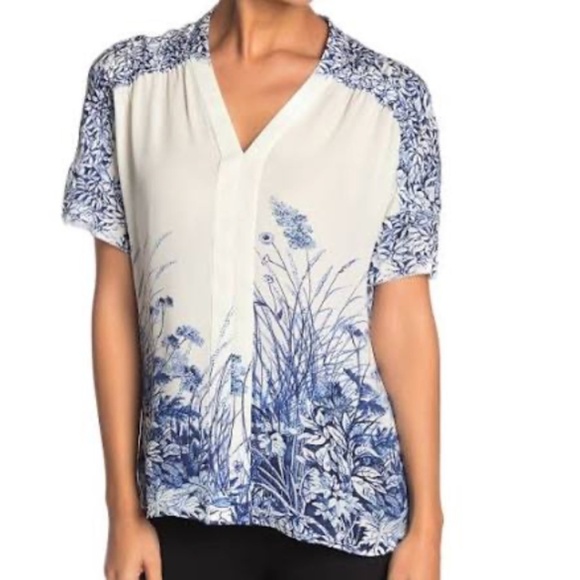 Elie Tahari Tops - NEW Elie Tahari Tiffany Silk Floral Print Top, Pearl/Indigo, Size M